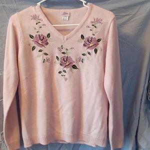 Lt pink embroidered vneck sweater, sz PS